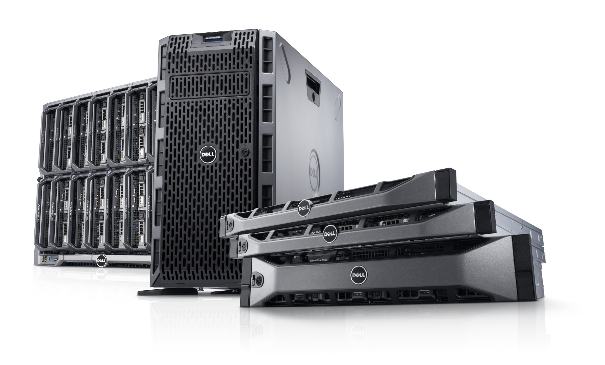Dell PowerEdge 12G family image, featuring PowerEdge M520 blade servers in a PowerEdge M1000e modular blade enclosure, a PowerEdge T320 tower server, and PowerEdge R320, R420, and R520 rack servers.